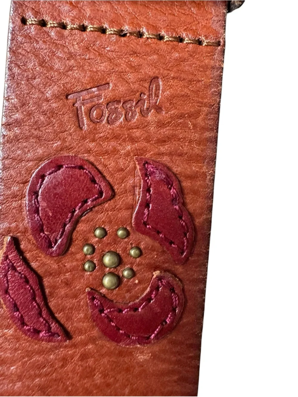 Vintage Fossil Brown Floral Tooled Leather Belt Medium Brass Buckle Boho Western
